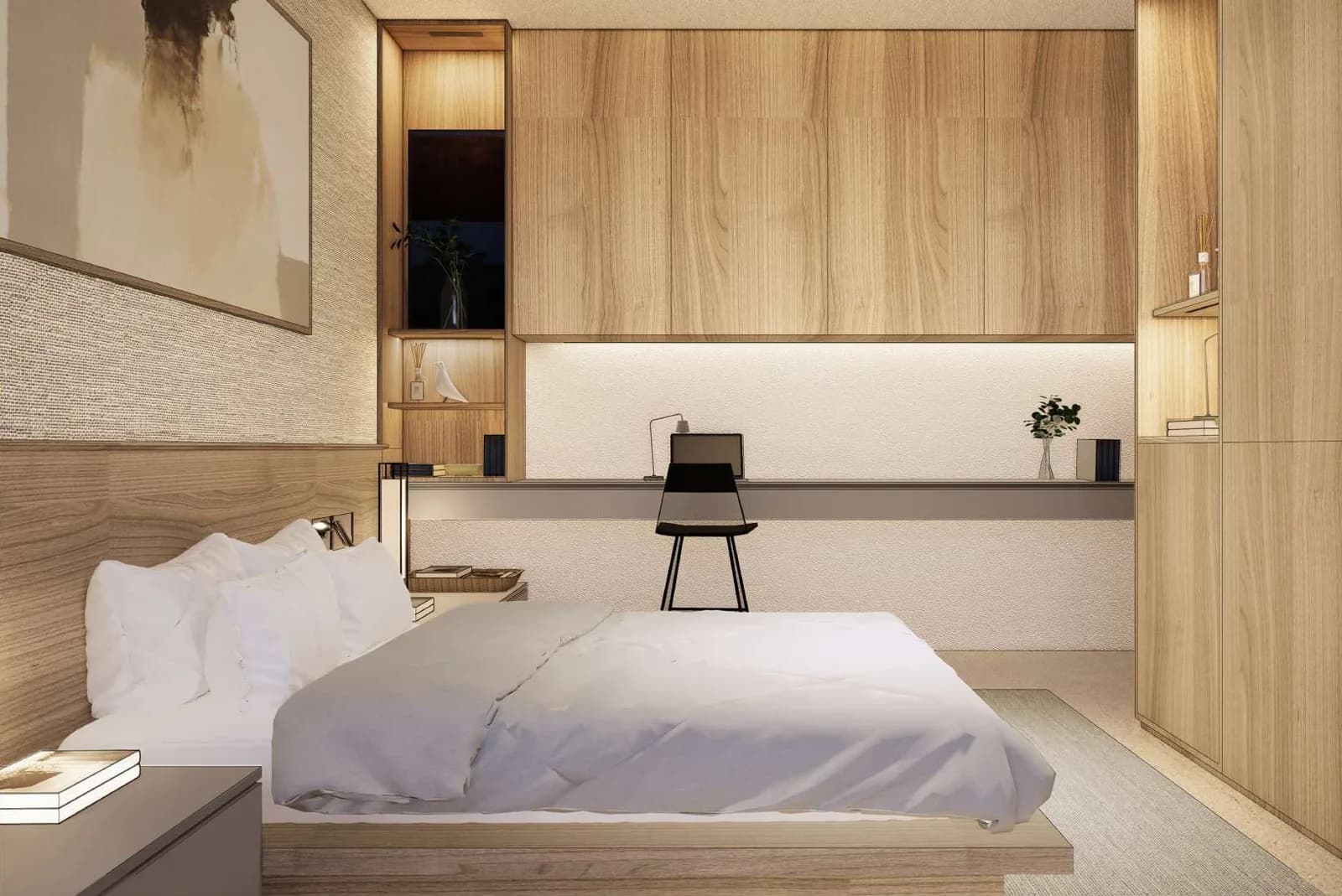 Interior render of the Oak master bedroom from the wardrobe side, desk and shelving along the far wall