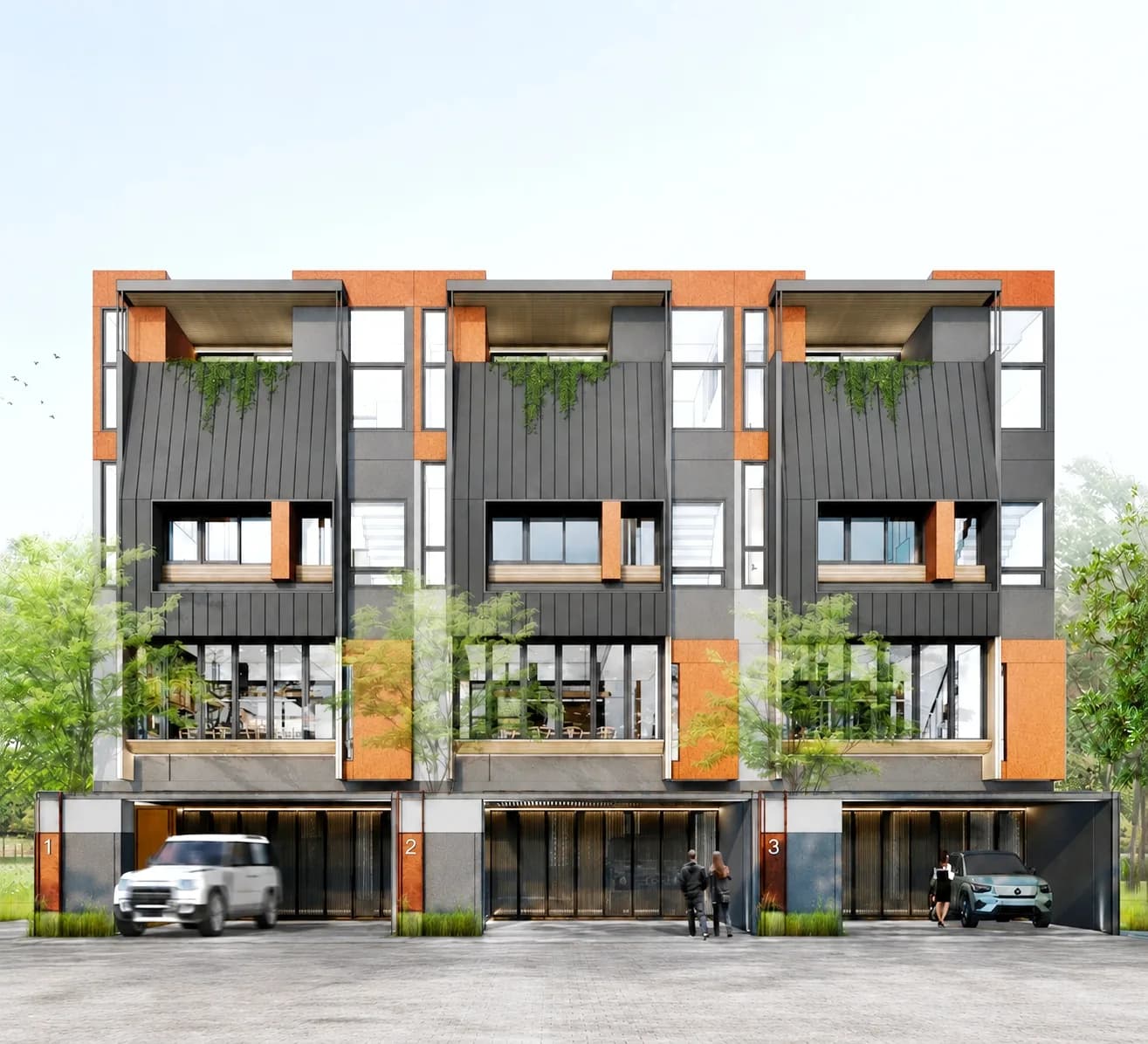 Architectural render of the three-house row seen head on, with the garages open at street level