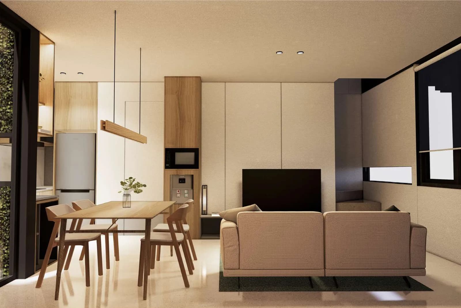 Interior render of the Oak living space seen from the opposite corner, dining table beside the kitchen